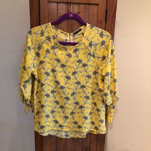 Papermoon, XS, 3/4 sleeve, yellow flower print sheer top.